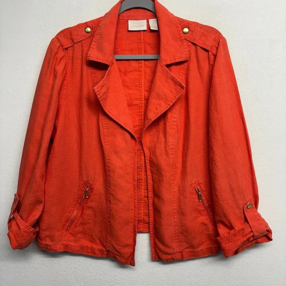 Chico’s 100% Linen Jacket Orange 2 / Medium Roll Sleeve - Picture 1 of 8